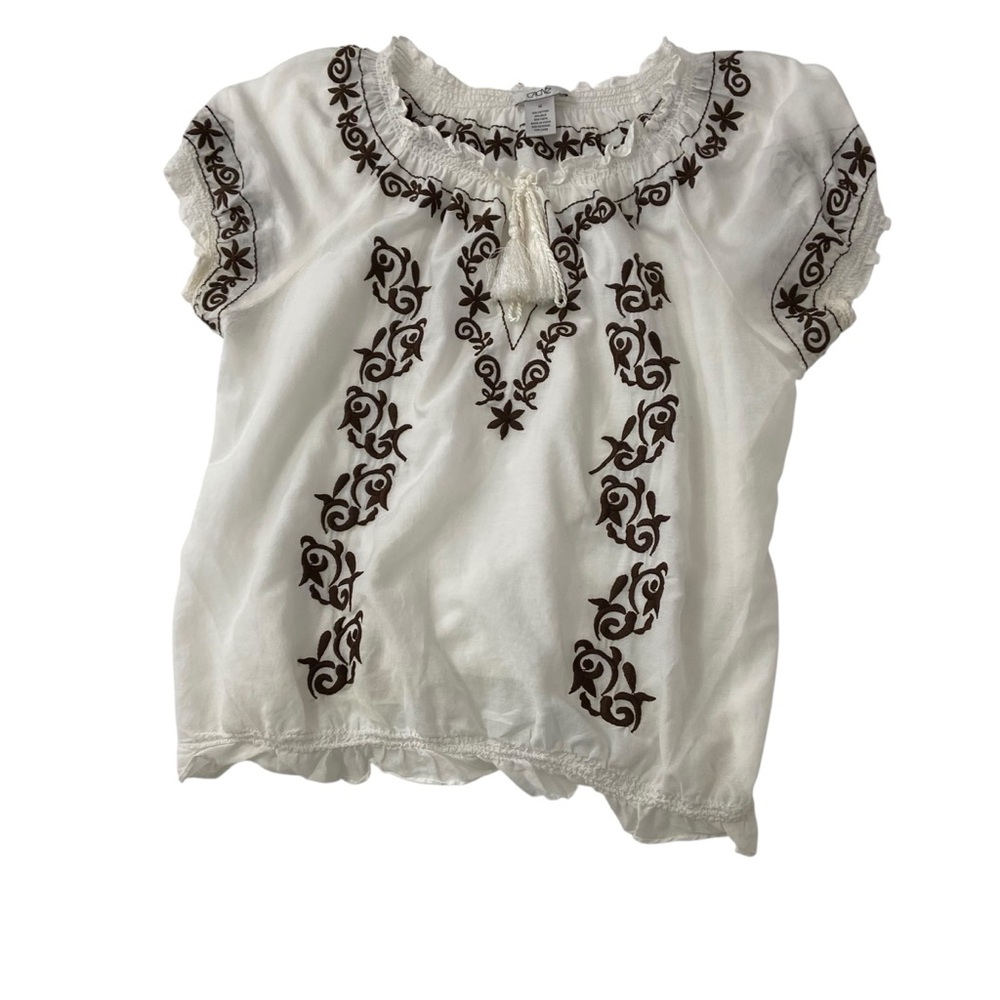 Cache White Boho Embroidered Peasant Blouse Medium Silk Cotton Tassel Detail